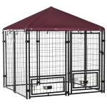 PawHut Outdoor Dog Kennel, Run, Large Wire Steel Fence, Lockable Pet Playpen Enclosure, with Water-, UV-Resistant Canopy Top, Door, Rotating Bowl Holders, 4.6ft x 4.6ft x 5ft, Red