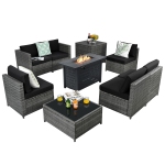 Patiojoy 9 PCS Rattan Dinning Set Wicker Sofa w/Propane Gas Fire Pit 60,000 Btu Heater Grey/Black/Navy/Red/Off White