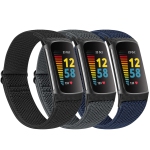 3 Pack Elastic Loop Breathable Watch Bands Compatible with Fitbit Charge 5 Bands, Soft Adjustable Nylon Sport Replacement Wristband for Women Men