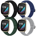 4 Pack Stretchy Bands Compatible with Fitbit Versa 3/Fitbit Versa 4/Fitbit Sense 2/Fitbit Sense Bands Women Men, Adjustable Elastic Soft Loop Nylon Breathable Replacement Straps fo