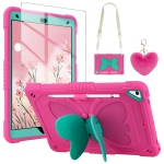 IPad 9th Generation Case 8th 7th Gen 10.2 inch with Screen Protector/Butterfly Kickstand/Lanyard/Keychain Rugged Case with Pencil Holder for Kids Girls Cover Rose Red