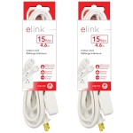 Elink - Set of 2 3-Outlet Indoor Electrical Extension Cords, 15 Feet Length, White