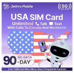 Jethro Mobile Prepaid USA Travel SIM card, Unlimited Talk and Text in the US and to Canada, No Contract, 3 Months