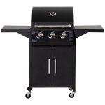 Outsunny 3 Burner Gas Grill, Outdoor Portable Propane Grill with Wheels, Carbon Steel Barbecue Trolley with Warming Rack, Side Shelves, Storage Cabinet, Thermometer, Black