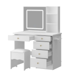 Famapy Vanity Table with LED Lighted Mirror, Storage Drawers, and Built-In Power Outlets, White Makeup Table with Stool (38.2" W x 18" D x 53.4" H),White