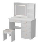 Famapy Modern Vanity Set with Lighted Mirror - Makeup Dressing Table 5-Drawer & Storage Shelves, Includes Cushioned Stool for Bedroom, Compact (39.4" W x 19.7" D x53.5" H), White