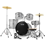 VEVOR 5-Piece Adult Drum Set, 22 inches Full Size Drum Kit with Bass Toms Snare Floor Drum Adjustable Throne Stands Cymbal Hi-Hat Pedal and Drumsticks, Beginner Drum Kit, Silver