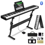 VEVOR 88 Key Folding Keyboard Piano, Bluetooth & MIDI, Portable Electronic Digital Foldable Piano with Stand Sustain Pedal Bag Touch Sensitive Keys, Rechargeable for Beginners