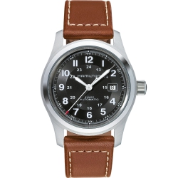 HAMILTON Khaki Field Automatic Black Dial Leather Mens Watch H70555533 In Brown