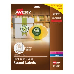 AVERY Glossy Circle Labels, Sure Feed(Tm) Technology, Laser/inkjet Compatible, 2", 120 Glossy Labels (22807) (22807) In White