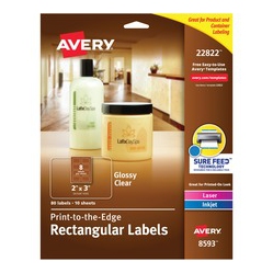 AVERY Glossy Clear Rectangle Labels, Sure Feed Technology, Print to The Edge, Laser/inkjet, 2" X 3", 80 Labels (22822)