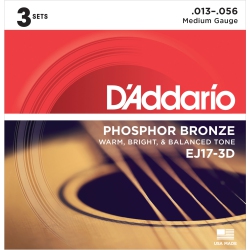 D'ADDARIO Ej17-3D Phosphor Bronze Acoustic Guitar Strings - Medium 13-56 3 Sets