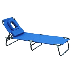 OUTSUNNY Folding Outdoor Lounge Chair, Portable Reclining Beach Lounger \w Face Hole, Detachable Pillow, 4-Position Adjustable Backrest, for Patio
