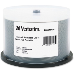 VERBATIM CD-R 700Mb 52X Datalifeplus Thermal Printable, Hub Printable - 50Pk Spindle In White