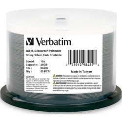 VERBATIM Bd-R 25GB 6X Shiny Silk Screen Printable, Hub Printable - 50Pk Spindle In Silver