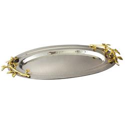 ELEGANCE Gilt Leaf Oval Hammered Stainless Steel Tray 16-1/2" X 10