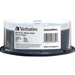 VERBATIM Bd-R Dl 50GB 6X Datalifeplus Inkjet Printable, Hub Printable - 25Pk Spindle In White