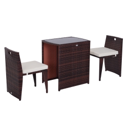 OUTSUNNY 3 Pieces Wicker Patio Dining Set Outdoor Furniture Set \w Removable Cushions, Glass Top Dining Table, Pe Rattan Conversation Set for Garden