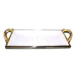 ELEGANCE Feather Ceramic Rectangular Tray With Handle L: 14.25" In Gold