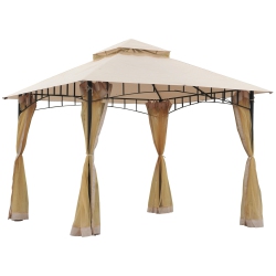 OUTSUNNY 10' X 10' Double Tier Garden Gazebo Canopy Outdoor Sunshade Tent Water-Resistant Anti-Uv Roof With Metal Frame And Mesh Sidewalls In Beige