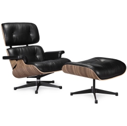 NICER INTERIOR Furniture® Mid-Century Modern Lounge Chair And Ottoman, 100% Italian Genuine Full Grain Leather With Walnut Wood Finish In Black