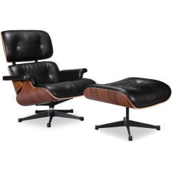 NICER INTERIOR Modern Classic Lounge Chair & Ottoman Set, 100% Italian Genuine Full Grain Leather With Rosewood Wood Finish In Black