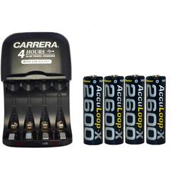 ACCUPOWER Aa / Aaa Nimh Smart Slim Travel Charger With USB Plug & 4-Pack Aa Acculoop Nimh 2600 Mah Batteries