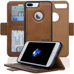 NAVOR Detachable Magnetic Wallet Case Rfid Protection, Logo Hole, Compatible for Iphone 7 Plus [Vajio Series]-Brown
