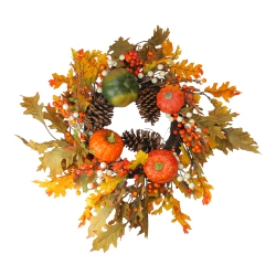 NORTHLIGHT 24 In. Autumn Harvest Decorative Artificial Fall Leaves Pinecones Pumpkins & Berries Wreath - Unlit