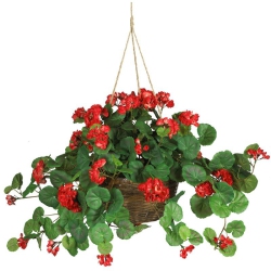 NEARLY NATURAL Geranium Silk Plant With Decorative Hanging Basket In Red/brown