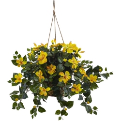 NEARLY NATURAL 22" Full Hibiscus Blooms With Hanging Basket In Yellow/brown