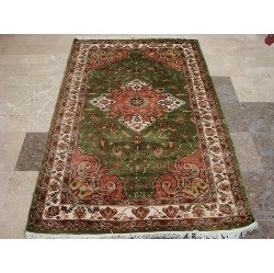 AHMEDANI Lovely Medallion Hand Knotted Wool Silk Carpet 6.0' X 4.0' Area Rug - Olive In Green