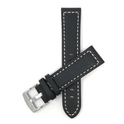 BANDINI 28MM Black Racer Stitching, Genuine Leather Watch Strap Band, Stainless Steel Buckle In White