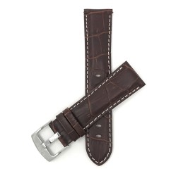 BANDINI 24MM Brown Mens' Alligator Style Genuine Leather Watch Strap Band, With Stitching In White
