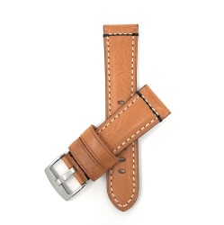 BANDINI 24MM Genuine Italian Leather Watch Strap Band, Tan, Double Stitching, Stainless Steal Buckle In Multicolor