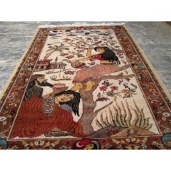 AHMEDANI Love Umre Khayam King Queen Love Story Hand Knotted Wall Rug Wool Silk Carpet 4.11' X 3.1' Area Rug - In Ivory