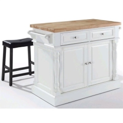 CROSLEY FURNITURE Oxford Butcher Block Top Kitchen Island With Saddle Stools In In White