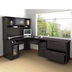 BUSH Cabot L Desk With Hutch & Lateral File Cabinet In Espresso Oak - Engineered Wood