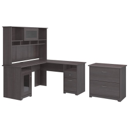BUSH Cabot L Desk With Hutch & File Cabinet In Heather - Engineered Wood In Gray
