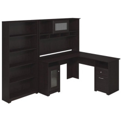 BUSH Cabot L Desk With Hutch And 5 Shelf Bookcase In Espresso Oak - Engineered Wood