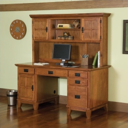 HOMESTYLES Arts & Crafts Wood Pedestal Desk With Hutch In In Brown