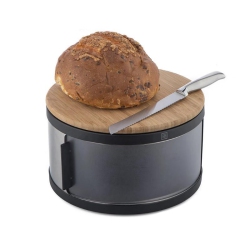 HUTCH KITCHEN Round Stainless Steel Bread Bin | 18/10 Stainless Steel | Sustainable Sourced Bamboo Wood