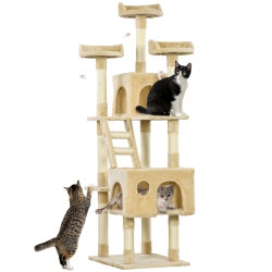 PAWHUT 71Inch Cat Tree, Cat Tower With Scratching Post, Cat Houses, Toys In Beige