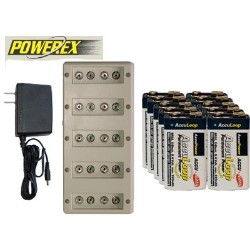 ACCUPOWER Powerex 10 Bay 9 Volt Charger + 10-Pack 9 Volt Acculoop Nimh Batteries (220 Mah)