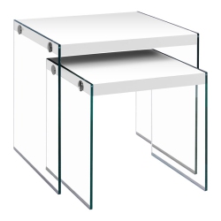 MONARCH Nesting Table Side End Accent Bedroom Tempered Glass Glossy In White