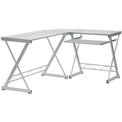 TECHNI MOBILI Modern Reversible L Shaped Clear Glass Top Computer Desk