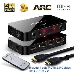 HYFAI 4 Port 4X1 HDMI 2.0 4Kx2K 60Hz Switch, Optical Toslink Audio Extractor W/remote + Free 4-Set HDMI 2.0 Cables