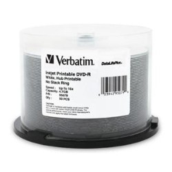 VERBATIM 4.7GB Up to 16X Datalifepluswhite Inkjet Printablehub Printable Recordable Disc DVD-R 50-Disc Spindle 95079