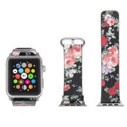 Soft Leather Replacement Strap Band with Flower Design and Metal Clasp for Apple Watch Series 1