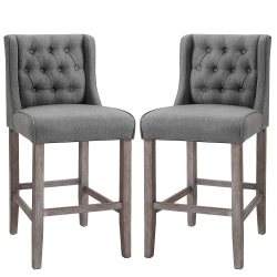 HOMCOM 26" Bar Stool Set Of 2, Button Tufted Barstools Counter Height Bar Chairs With Backrest In Grey